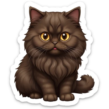 cinematic-[dark brown persian cat]-realistic-full-body-sitting-emoji,-tail-curled-playfully-around-its-paws,-head-tilted-dramatically,-fluffy-[dark brown]-fur,-simplified-yet-realistic-focused-features,-highly-detailed,-glowing-with-an-almost-sarcastic-glow sticker