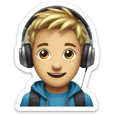 smiling boy with headphones and goatie sticker