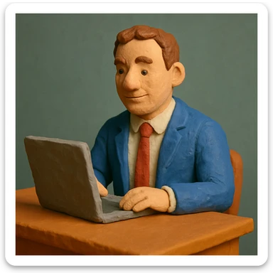 A 35-year-old male business coach sitting at a table with a laptop sticker