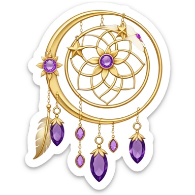 Epic beautiful gorgeous cute gold suncatcher, threads with shiny sparkly amethyst gemstones, flowers, crescents-moons, stars, gold Feathers  sticker