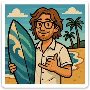 Transform the gangster alligator cartoon into a surfer beach bum with brown hair like a guy, wearing a white button-up shirt and glasses. Keep the cartoon style, add a relaxed beach vibe, and include beach elements like a surfboard or waves. Maintain the cartoon style but with a laid-back beach atmosphere. sticker
