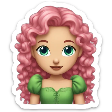 Girl with elf ears, long pink curly hair, blue eyes and green dress sticker