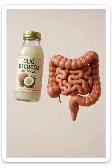 BOCCETTA DI OLIO DI COCCO BIOLOGICO (FAI UN ETICHETTA SUL PRODOTTO IN ITALIANO) CHE FLUTTUA IN ARIA INSIEME A UN INTESTINO UMANO ANATOMICO IN PERFETTA SALUTE, SFONDO CHIARO, iperrealistico 4k sticker