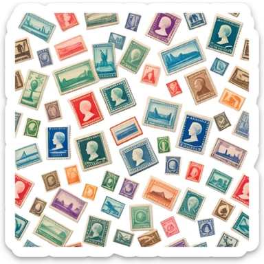 Icon for Stamp Collecting: a collection of vintage and colorful stamps arranged in an album or on a desk, with a large stamp block in the center showcasing different countries and themes. The icon should reflect the charm and history of philately. Transparent background. sticker