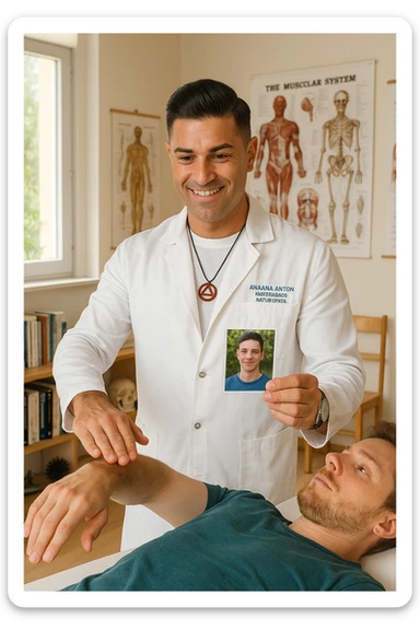 a middle-aged man, dressed in casual professional attire, is in a bright, organized therapy studio. Durante una visita di kinesiologia, il ragazzo tiene con una mano la foto di una persona lontana (il “testimone”) tiene la foto in mano, mentre con l’altra mano esegue un test muscolare su un cliente presente. Sullo sfondo si vedono libri di kinesiologia, poster anatomici e strumenti tipici della disciplina. L’atmosfera è concentrata e serena, con luce naturale che entra dalla finestra, sottolineando l’aspetto alternativo e umano della pratica. sticker