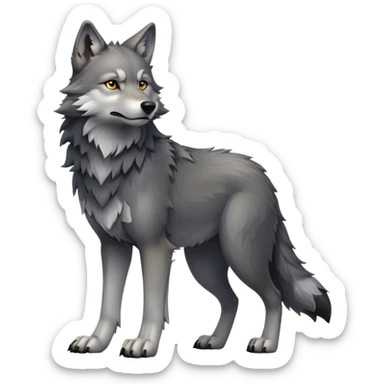 cinematic-[wolf]-realistic-full-body-standing-emoji,-tail-resting-loosely-beside-its-paws,-head-tilted-dramatically, -scruffy-[grey]-fur,-simplified-yet-realistic-focused-features,-highly-detailed,-glowing-with-an-almost-sarcastic-glow sticker