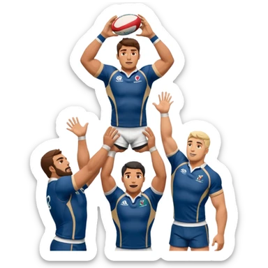 two rugby players lifting another player to catch a ball in a lineout in rugby, only 3 players in the image sticker