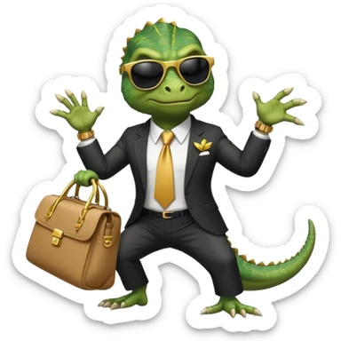 capitalist iguana banker godfather with black sunglasses breakdance with bag sticker