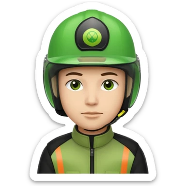 ojek online driver, using motorbike, the helmet is green. green jacket, not green motorbike (maybe a black jacket with green stripes just a little) then please make the driver not looking at "camera". the first one is good. but can you make the driver just look at the road not looking at me sticker