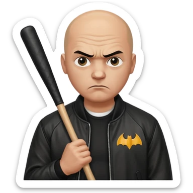 Bald Russian 1990s gangster emoji, leather jacket, , serious angry face with a bat sticker