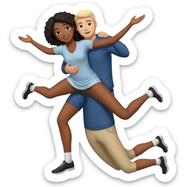 interracial couple where white man is holding black woman off the ground arms supporting her back and under her knees sticker