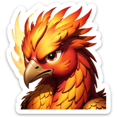 Cinematic Battle-Hardened Mystical Fire Phoenix Portrait Emoji, head bowed slightly in a moment of raw resilience, revealing a form etched with the wear of relentless conflict. Ragged, scorched plumage and half-closed, determined eyes speak to battles fought and won. Rendered with authentic detail and dramatic natural light that accentuates every scar and burn, high shine, this portrayal blends vulnerability with hardened strength, outlined in a soft glow that captures the essence of a phoenix tempered by the fires of combat. sticker