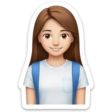 A 15 year old girl smiling with brown eyes, long brown straight hair, wearing a plain white t shirt, and blue jeans sticker
