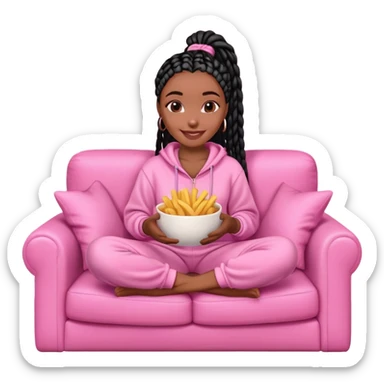 A dark-brown-skinned Black woman with black box braids, sitting on a pink couch, holding a bowl of French fries in her lap, smiling or casually enjoying the snack. She’s wearing comfy loungewear, relaxed in a cozy setting. sticker