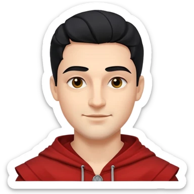 A handsome man with fair complexion. masculine, roman, slightly crooked nose. Thick triangular eyebrows. Hooded eyes and black pupils.  smily lips with a heavy top lid.  thick black hair  80/20 part with an undercut.  sticker