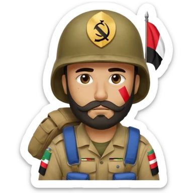 A very tired and sad, swarthy Iraqi soldier with a beard, an Iraqi flag on his helmet, a sad expression and bags under his eyes sticker