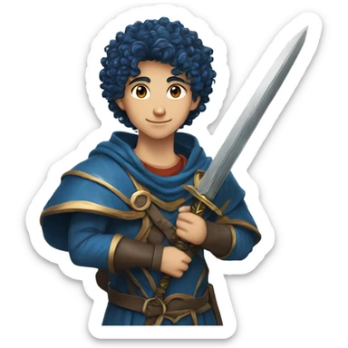 a 5'8" 13 years old lebanese, christian teenage boy with curly, slightly dark blue hair. He wields a sword of the same color as his hair, and wears an armor of the same color. sticker