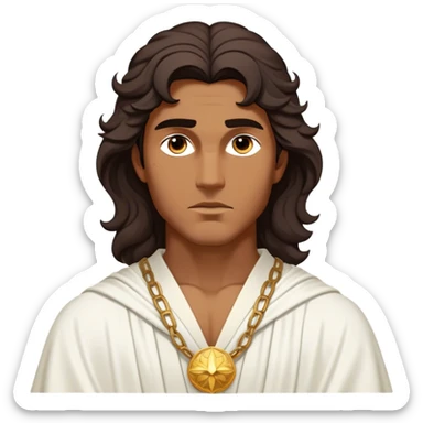 Cinematic Realistic Hercules Portrait, depicted as a classical Greek hero inspired by the Disney version yet echoing the refined proportions and serene dignity of Michelangelo's David. His idealized, sun-kissed bronze skin glows with timeless strength, and his thick, wavy dark hair falls in natural, sculpted curls. Draped in a flowing white robe with delicate golden accents, his expressive eyes radiate determined nobility, all rendered under dynamic natural lighting with a mythic, radiant glow. sticker