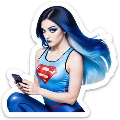 Shameful-head tilted-texting on phone-very very very large upper body-sexy face-bending forward at waist-very long very straight dark blue to light blue ombre hair-and-blue eyes-thick black eyeliner-thick long eyelashes-iridescent blue lowcut tanktop with black leggings with glitter superman logo sticker