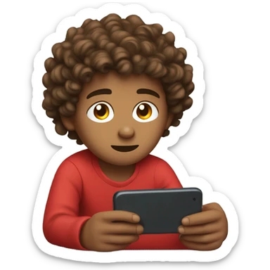 Create a young brown boy with curly hair in red clothing lying down at his bed scrolling off his phone. sticker