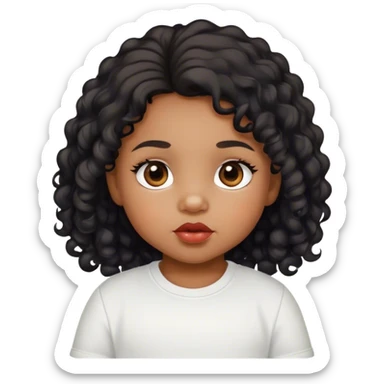 medium brown skin tone, very adorable toddler, with big plump lips, long long lashes, black curly long hair, brown eyes, white shirt sticker