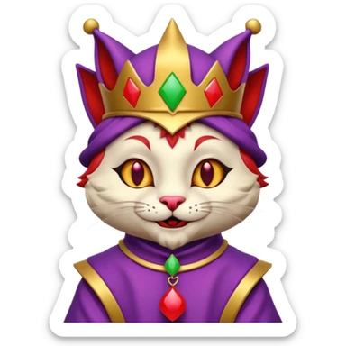 crazy colorful cute little cat jolly joker from poker, medieval, vintage, court jester, mac os icon, purple, gold and red color, half body sticker