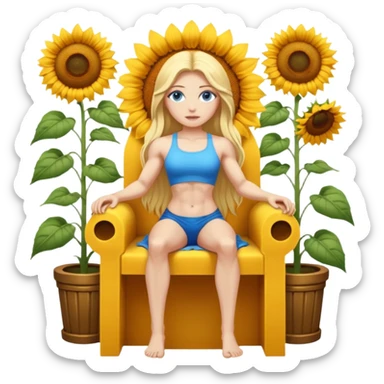 full body woman long blonde hair blue eyes white skin muscular build inside sunflower throne sticker