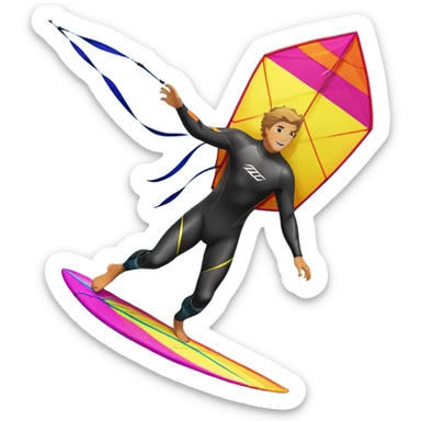 A kite surfer gliding across the ocean, with a colorful kite soaring high in the sky and the surfer carving through the waves. The scene captures the energy and freedom of the sport, with the sun shining and the ocean's waves splashing around. sticker