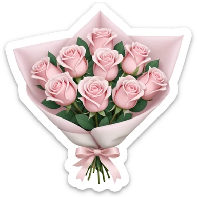 A bouquet of pale pink roses wrapped in white paper sticker