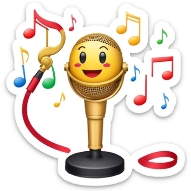 Create a vibrant and dynamic emoji that represents pop vocal performance without people. The design should feature a close-up of a classic stage microphone (retro-style) with a lanyard, set against a stage background. Add concert lighting, a celebratory salute of confetti or fireworks in the background, and musical notes forming a ribbon, symbolizing the performance and creativity of pop vocals. Include subtle elements like a formal stage costume to emphasize the professional aspect. Use bright, bold colors like gold, red, and neon to reflect the energetic and glamorous nature of pop vocal performance. The background should be transparent. sticker