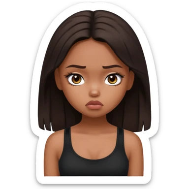 generate a pretty fair bratz girl with long dark brown hair looking sad. Wearing a black cami sticker