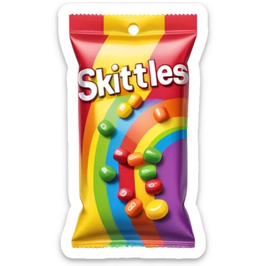 A damaged Skittles package repaired with strips of clear scotch tape, colorful packaging with rainbow colors, minimalist sticker