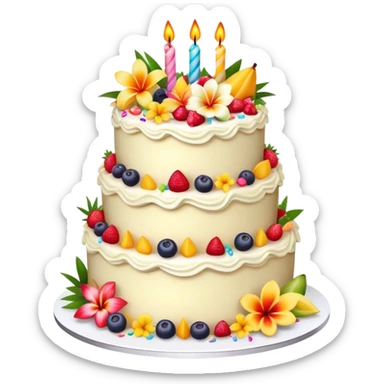 Realistic confetti vanilla birthday cake, elaborate, layered, with tropical flowers and fruits  sticker