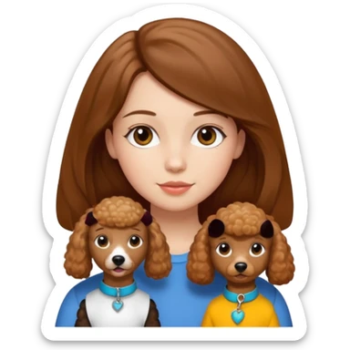 a girl with straight brown hair and a caramel-colored poodle next to her sticker