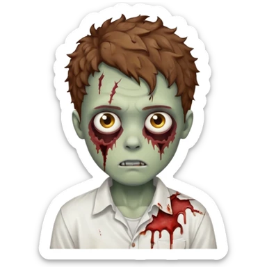 menino zumbi, cabelo castanho cacheado, camisa branca sticker