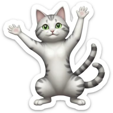 grey and white cat with green eyes doing a big long stretch reaching up into the air with arms and legs side by side together sticker