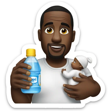 P diddy holding baby with a bottle of baby oil  sticker