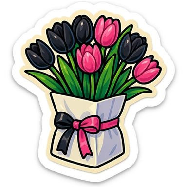 a bouquet of black and pink tulips in a white paper bag tied with a black and pink ribbon, retro stickers style, bold outlines, vibrant colors, playful and eye-catching sticker