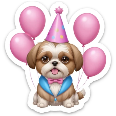 cute shih tzu hold a few pink balloons  in both arms with pink birthday hat sticker