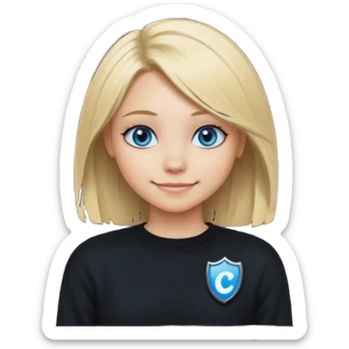 a new character a girl with shoulder length blonde hair wearing black clothes and wearing a cheeky smile she has blue eyes her black sweater has an emo style badge sticker