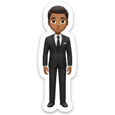 A full-body digital illustration of a Black man standing confidently in a well-fitted dark suit, white dress shirt, and black tie. He has short, neatly groomed hair and a professional yet approachable expression.  sticker