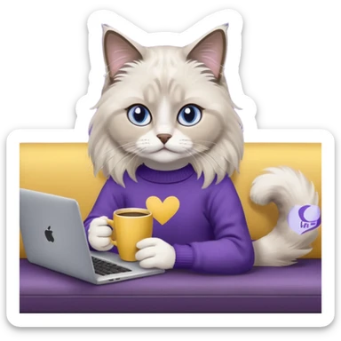 a cute blue eyed brown and white ragdoll cat with white paws and brown and beige tail wearing the dark violet sweater with yellow letteting "Milena" sitting on the grey sofa with grey laptop and drinking coffee sticker