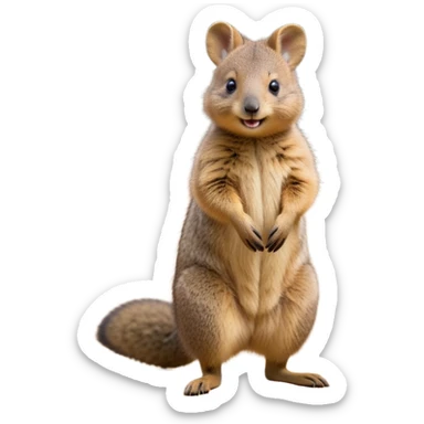 cinematic-quokka wallaby-realistic-full-body-standing on its hind legs hunched over-emoji,-small-round-frame-balanced-on-tiny-strong-hind-legs,giant fluffy cheeks large smile-fluffy-brown-fur-radiating-a-warm-softness,-big-round-eyes-filled-with-joy-and-innocence,-tiny-clawed-paws-held-close-to-chest,-cheerful-smile-exuding-endearing-happiness,-simplified-yet-realistic-focused-features,-highly-detailed,-glowing-with-a-sunny-warmth, skinny tail sticker