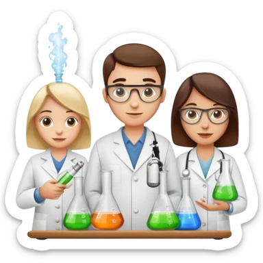 Five chemists: one organic chemist, on physical chemist, one inorganic chemist, one technical chemist and on theoretical chemist – each one with a typical item for their field sticker