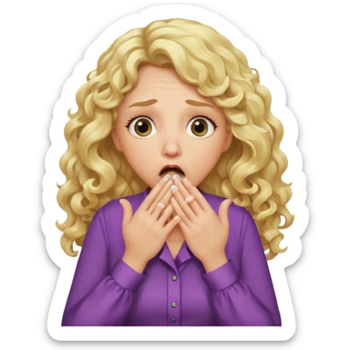 mother with blond long curly hair shocked with hands on her mouth sticker