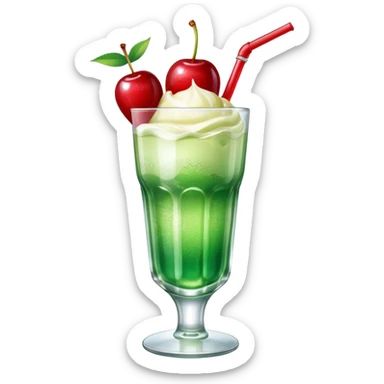 Create an emoji with a clear rounded glass, bright transparent green soda with fine bubbles, a smooth vanilla scoop circle shape, a glossy red cherry, using vibrant colors, soft shading, and clear glass highlights.
 sticker