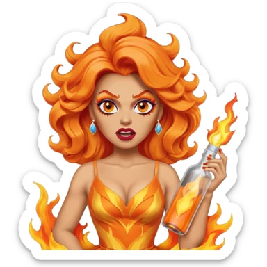 A fierce drag queen emoji with bright orange wavy hair styled with a bottle on top, dramatic makeup, expressive angry face, and an orange flame-themed dress. sticker