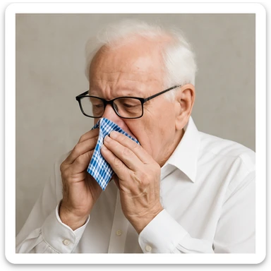 Make the handkerchief a little bit smaller while keeping the old man with white hair, white skin, black-framed glasses, wearing a white shirt, blowing his nose on the blue and white checkered handkerchief sticker