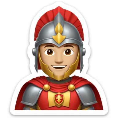 A friendly Trojan warrior mascot with a large cartoon-style head, wearing a silver helmet with a red crest and black cheek guards. confident smile. The character wears dark armor with metallic details and a bright yellow cape sticker