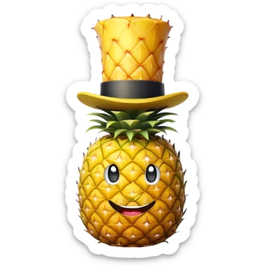 Pineapple with a top hat and a smiling face sticker